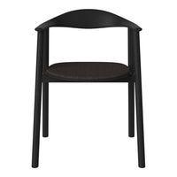 Black wooden chair with a smooth finish and a dark woven seat, showcasing minimalist design and modern style.