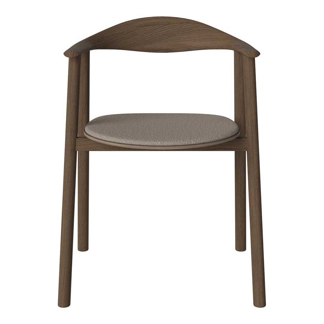 "Wooden chair with a dark brown frame and a light beige padded seat, featuring a smooth, clean design."