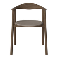 "Wooden chair with a dark brown frame and a light beige padded seat, featuring a smooth, clean design."