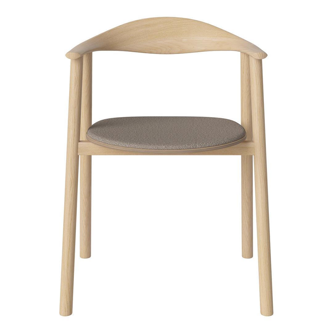 Light wood chair with a curved backrest and gray upholstered seat, showcasing a minimalist and modern design.