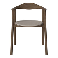 Wooden chair with a dark brown finish and a light grey patterned cushion seat. Minimalist design.