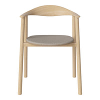 Light wood chair with a smooth finish and a soft gray patterned fabric seat. Modern and minimalist design.