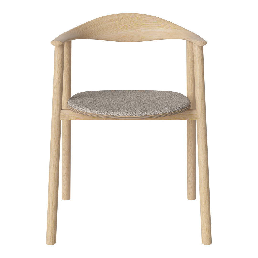 Light wood chair with a smooth finish and a soft gray patterned fabric seat. Modern and minimalist design.