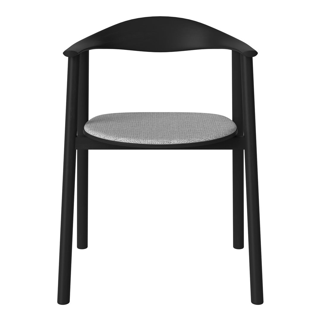 Black wooden chair with a smooth, gray upholstered seat, showcasing a minimalist design and clean lines.