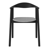 Black wooden chair with a smooth, gray upholstered seat, showcasing a minimalist design and clean lines.