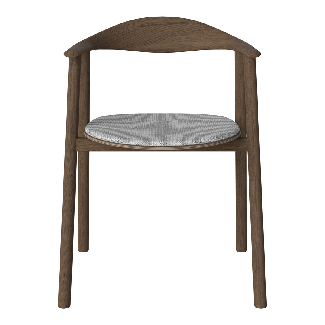 Brown wooden chair with a sleek design and light gray fabric cushion. Stylish and modern aesthetic for any space.