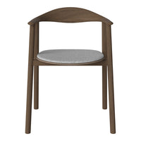 Brown wooden chair with a sleek design and light gray fabric cushion. Stylish and modern aesthetic for any space.