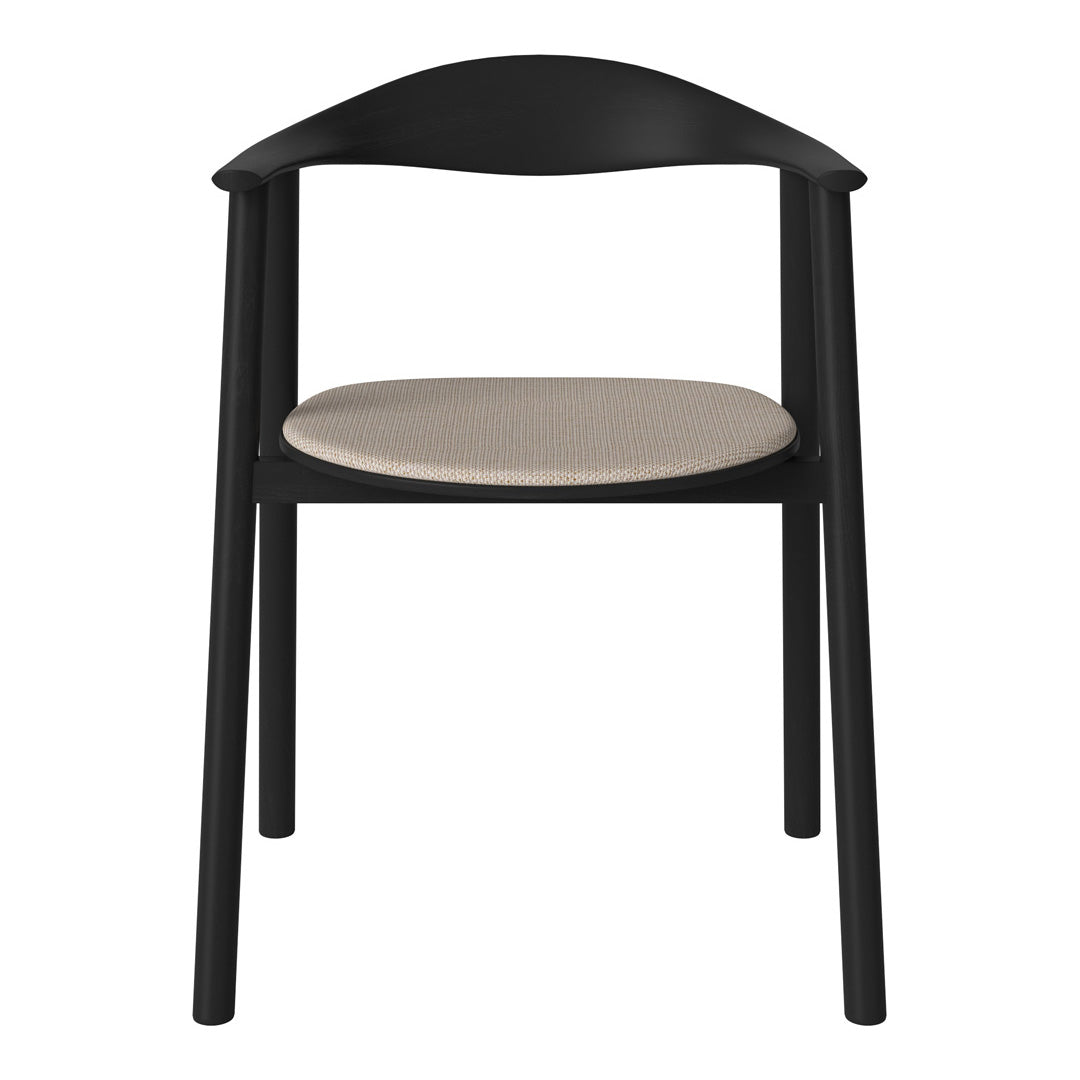 Black wooden chair with a cream-colored seat, featuring a minimalist design and smooth, clean lines.