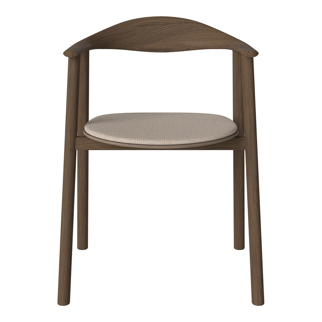 Brown wooden chair with a smooth light beige seat and curved backrest, featuring minimalist design and clean lines.
