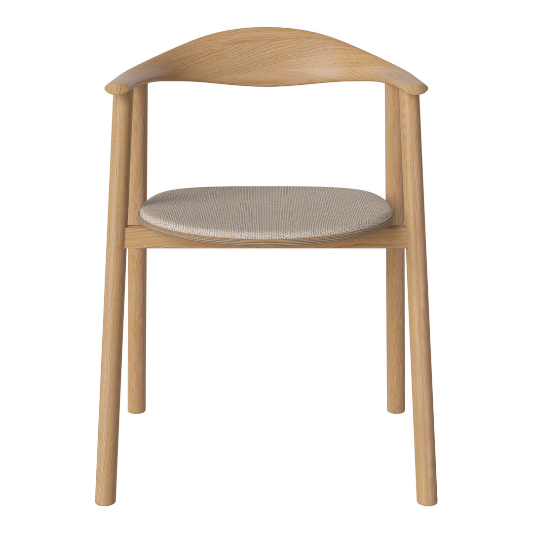 Light wood chair with a natural finish and beige upholstered seat, featuring a smooth, minimalist design pattern.