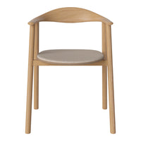 Light wood chair with a natural finish and beige upholstered seat, featuring a smooth, minimalist design pattern.
