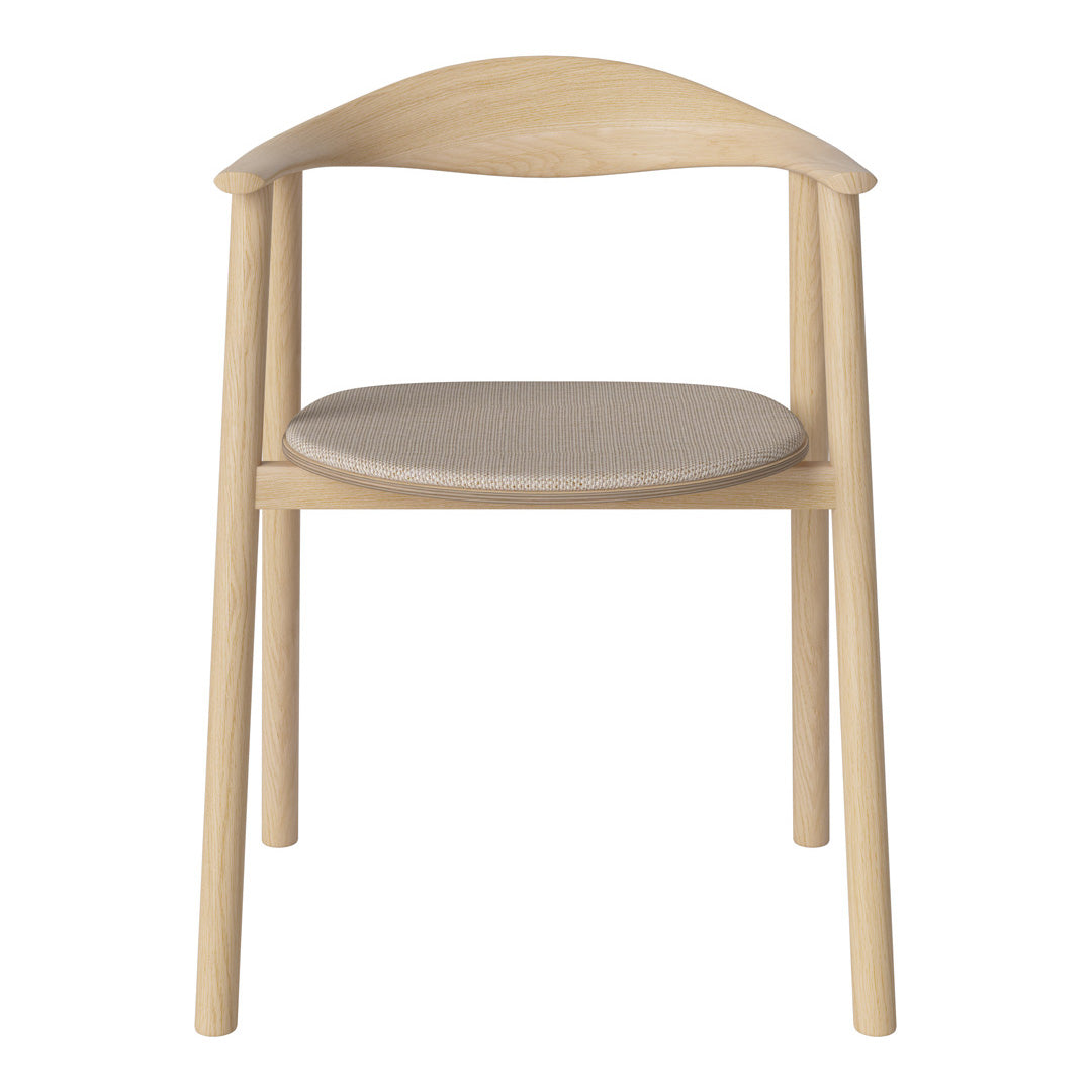Light wood chair with a natural finish and a beige upholstered seat, featuring smooth, minimalist lines.