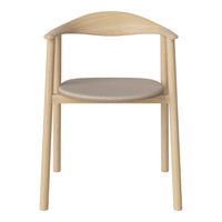 Light wood chair with a natural finish and a beige upholstered seat, featuring smooth, minimalist lines.