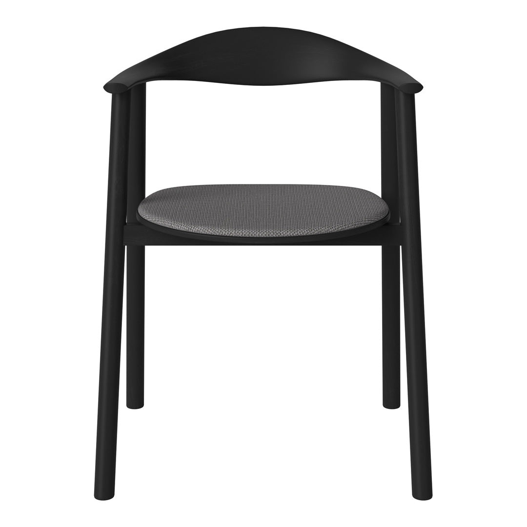 Black chair with a sleek, minimalist design and a contrasting gray cushion.