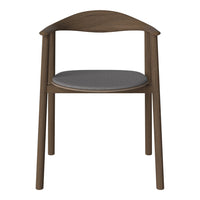 Brown wooden chair with a curved back and gray upholstered seat, featuring a minimalist and modern design.