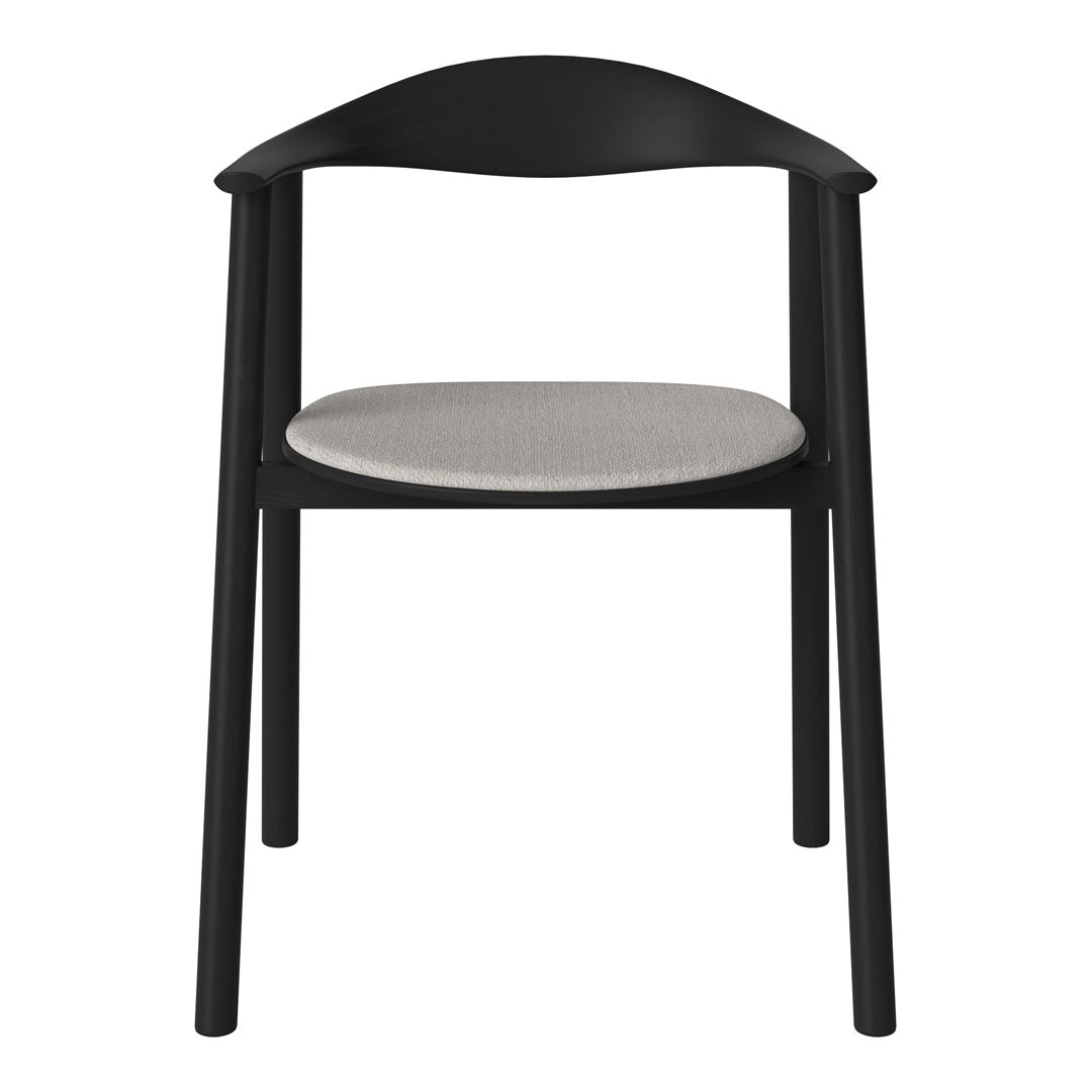 Black wooden chair with a smooth gray fabric seat, showcasing a minimalist design and clean lines.