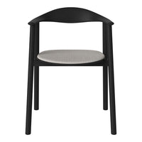 Black wooden chair with a smooth gray fabric seat, showcasing a minimalist design and clean lines.
