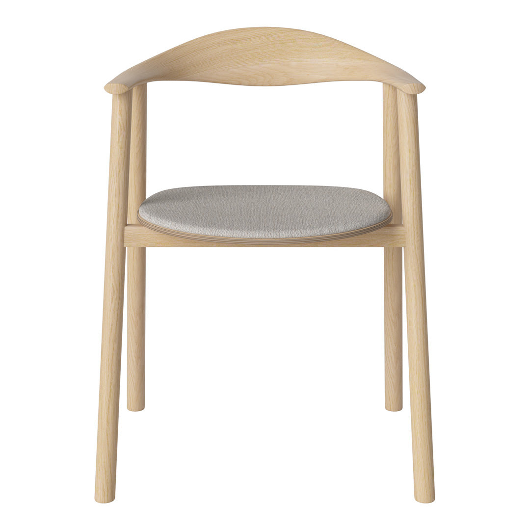 Light wood chair with a smooth natural finish and a soft gray upholstered seat. Minimalist design with a sleek pattern.