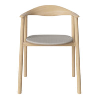 Light wood chair with a smooth natural finish and a soft gray upholstered seat. Minimalist design with a sleek pattern.