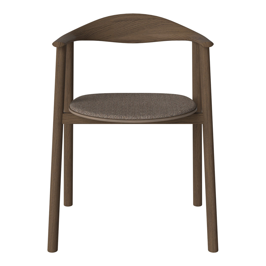 Brown wooden chair with a curved backrest and a textured brown fabric seat. Modern minimalist design.