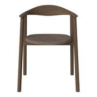Brown wooden chair with a curved backrest and a textured brown fabric seat. Modern minimalist design.