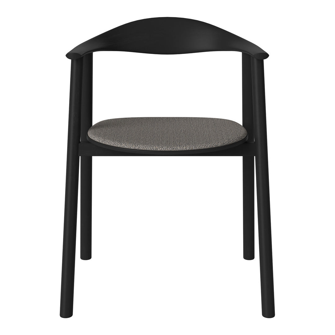 Black chair with a woven gray seat, featuring a minimalist design and smooth, curved backrest. Perfect for modern decor.