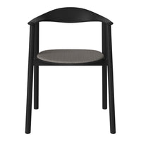 Black chair with a woven gray seat, featuring a minimalist design and smooth, curved backrest. Perfect for modern decor.