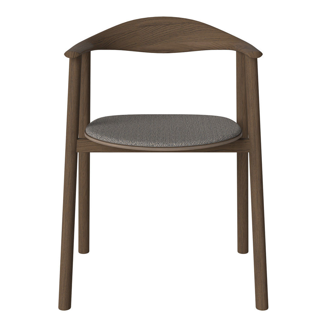 Wooden chair with a rich brown finish and a gray textured seat cushion, featuring a sleek, modern design.