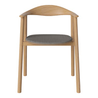 Light wood chair with a sleek curved back and a textured gray seat cushion. Modern design with natural tones.