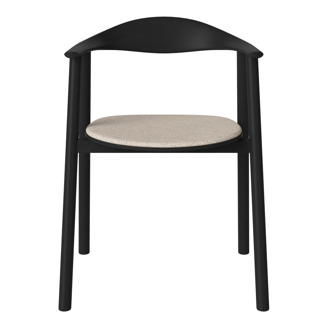 Black wooden chair with a cream fabric seat, minimalist design and sleek lines. Perfect for modern aesthetics.