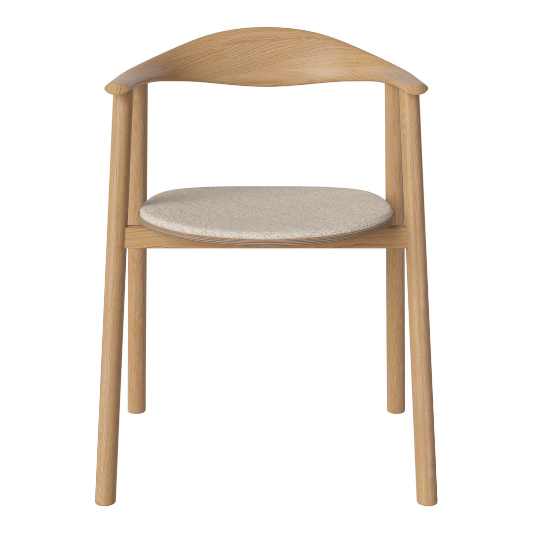 Natural wood chair with a light beige fabric seat, featuring a curved backrest and minimalist design.