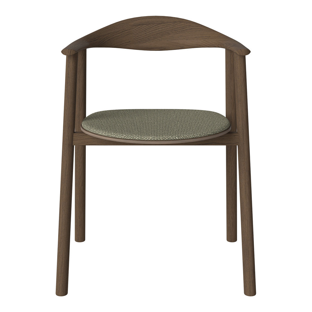 Brown wood chair with a light green patterned cushion, featuring a sleek, minimal design. Perfect for modern decor.