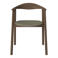 Brown wood chair with a light green patterned cushion, featuring a sleek, minimal design. Perfect for modern decor.