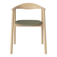 Natural wood chair with a light finish and a subtle olive green fabric seat. Simple, modern design.
