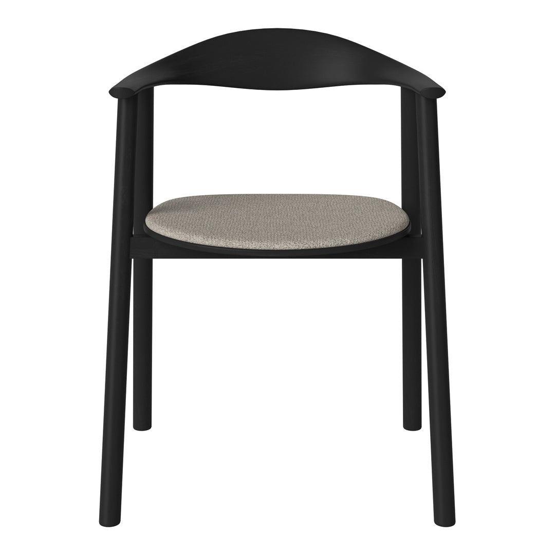 Black frame chair with a simple gray fabric seat, featuring sleek lines and modern design. Perfect for contemporary decor.