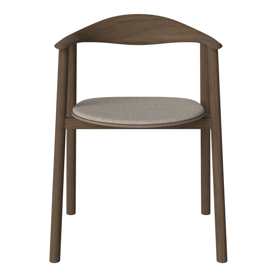 Brown wooden chair with a light beige fabric seat and smooth curved backrest. Minimalist and elegant design.