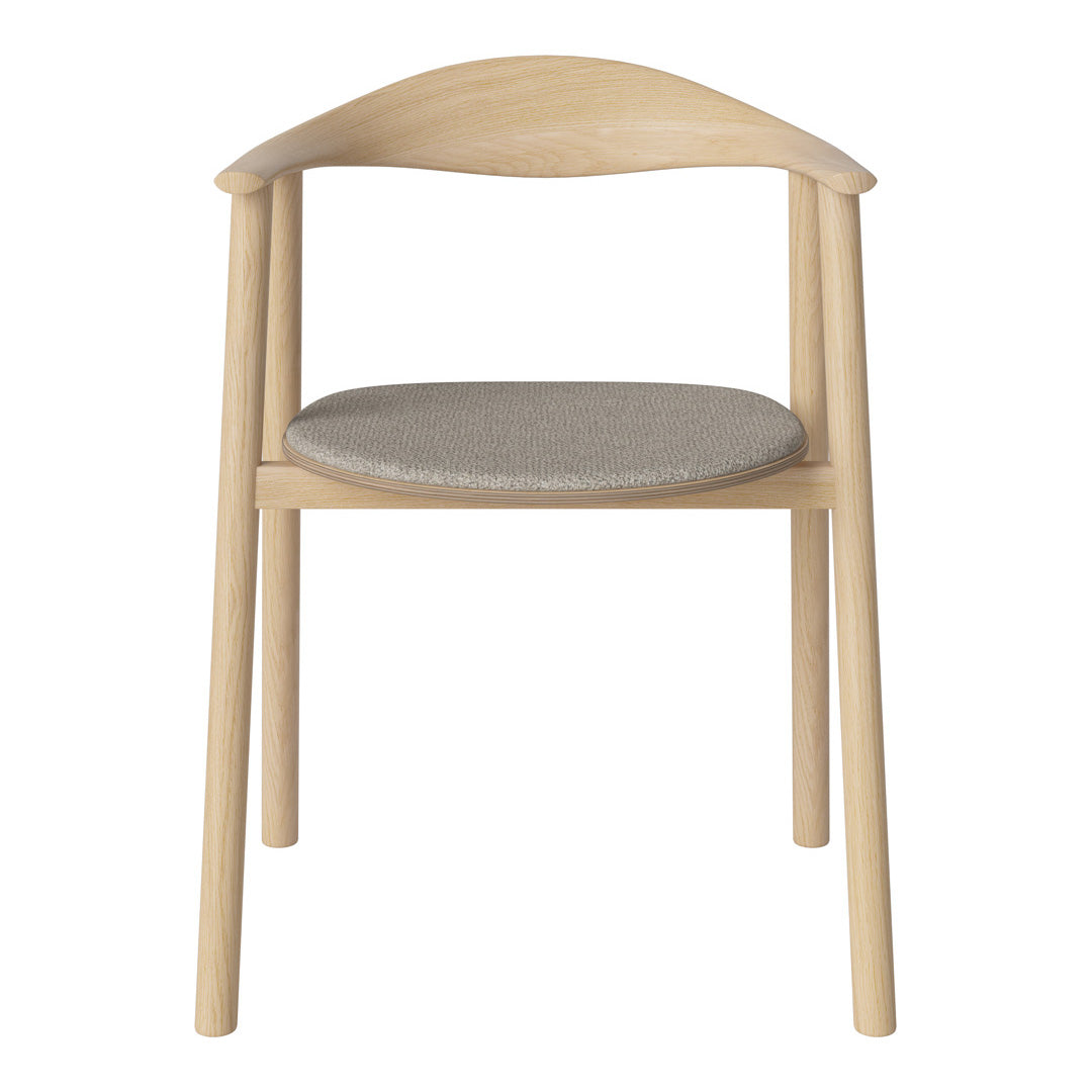 Natural wood chair with a light oak finish and a soft gray fabric cushion, showcasing a minimalist design.