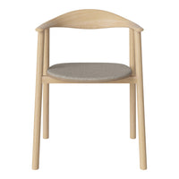 Natural wood chair with a light oak finish and a soft gray fabric cushion, showcasing a minimalist design.