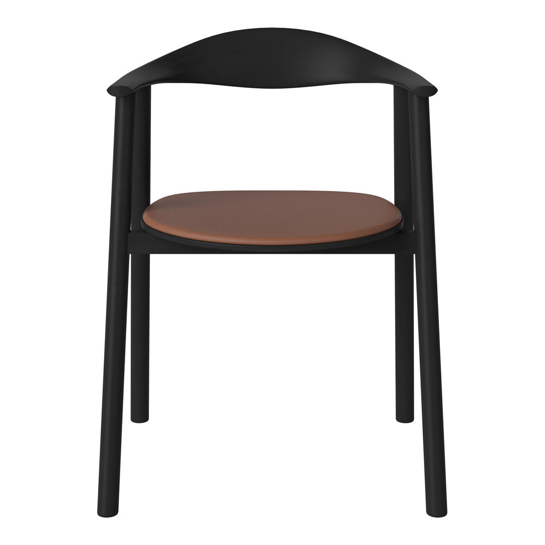 Black wooden chair with a smooth brown leather seat, featuring a minimalist design and curved backrest.