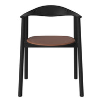 Black wooden chair with a smooth brown leather seat, featuring a minimalist design and curved backrest.