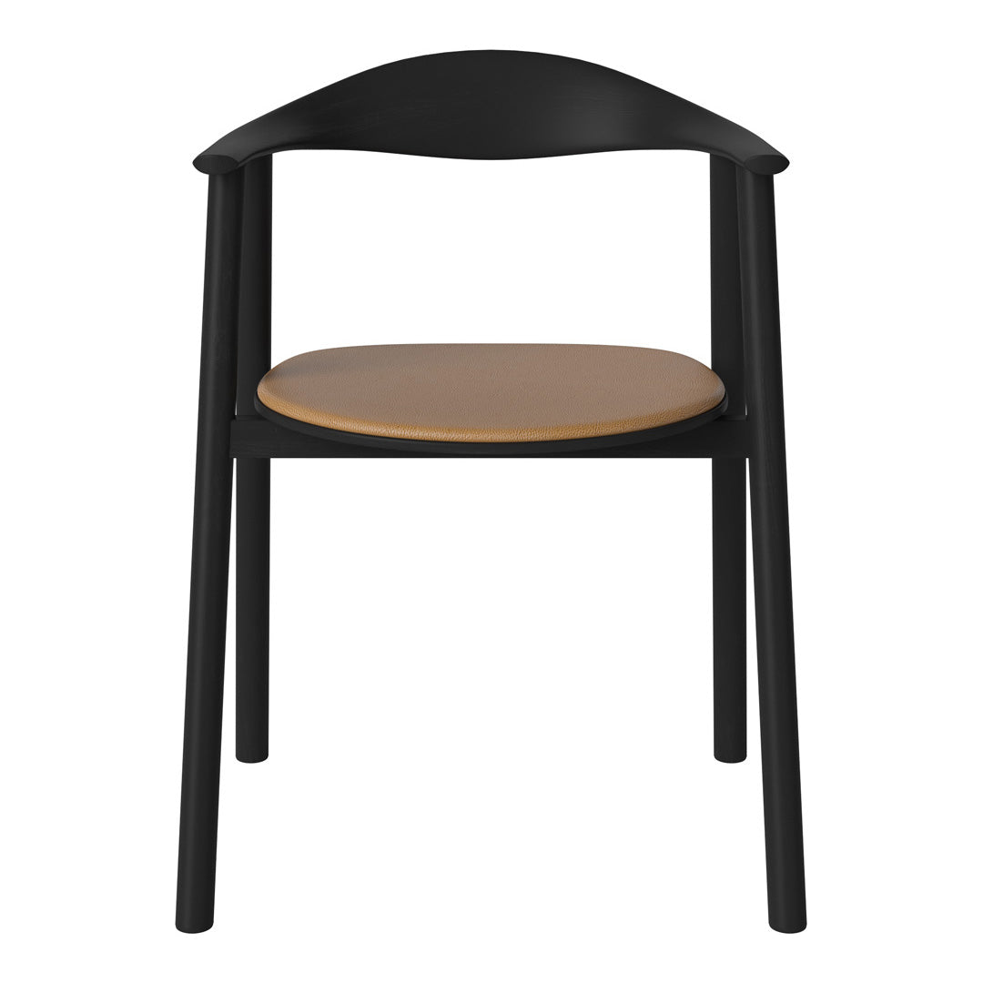 Black wooden chair with a smooth, light brown seat, featuring a minimalist design and curved backrest.