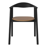 Black wooden chair with a smooth, light brown seat, featuring a minimalist design and curved backrest.