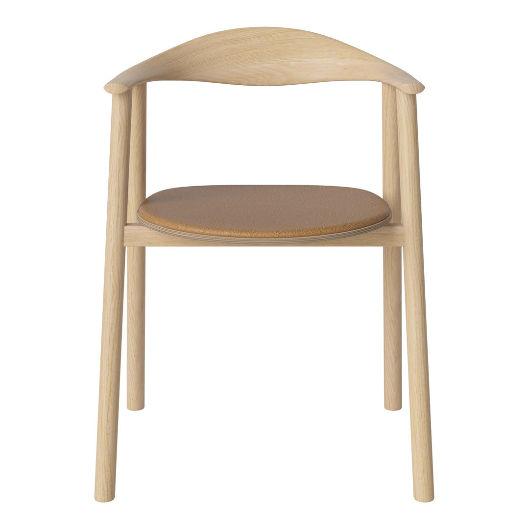 Natural wood chair with a light finish and a leather seat, featuring minimalistic and modern design.