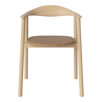 Natural wood chair with a light finish and a leather seat, featuring minimalistic and modern design.