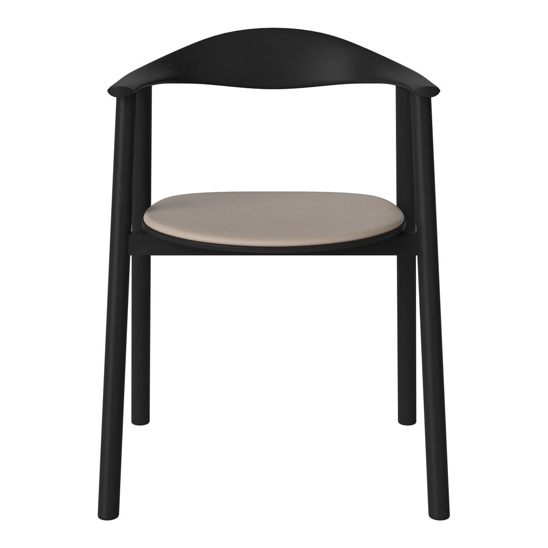Black wooden chair with a beige cushioned seat, featuring a sleek, modern design and minimalistic curves.