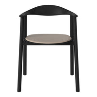 Black wooden chair with a beige cushioned seat, featuring a sleek, modern design and minimalistic curves.