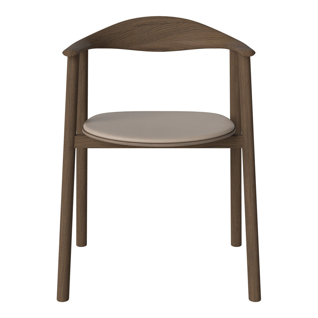 Brown wooden chair with a curvy back and light beige padded seat, featuring minimalist design and clean lines.