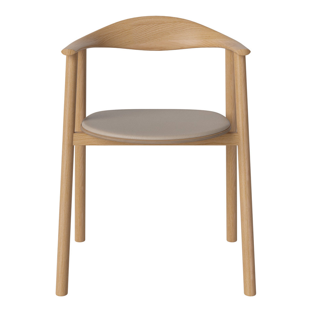 Light wood chair with a natural finish and a soft gray cushioned seat. Minimalist design and smooth lines.
