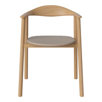 Light wood chair with a natural finish and a soft gray cushioned seat. Minimalist design and smooth lines.