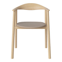 Light wood chair with a curved back and a smooth gray seat, showcasing a minimalist design and natural finishes.